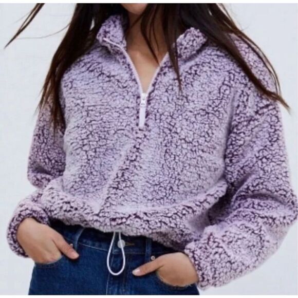 PacSun LA Hearts Sherpa Teddy Bear Half Zip Cropped Jacket Pullover Hoodie size - Picture 1 of 6